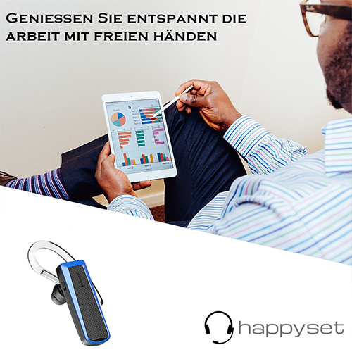 happyset Blue - Bluetooth Headset Blau für 2 Geräte gleichzeitig Handy Smartphone iPhone universal 