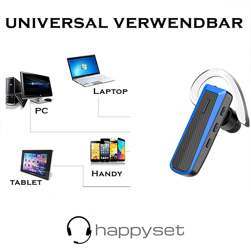 happyset Blue - Bluetooth Headset Blau für 2 Geräte gleichzeitig Handy Smartphone iPhone universal 