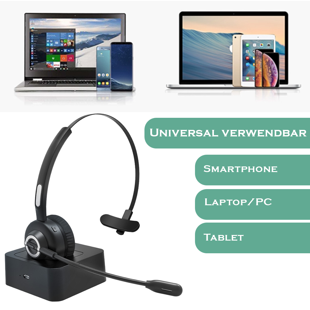 happyset Dock- Bluetooth Headset 5.0 mit Ladestation & Bügel für Videokonferenz Telefonieren Online-Seminare Handy Kopie