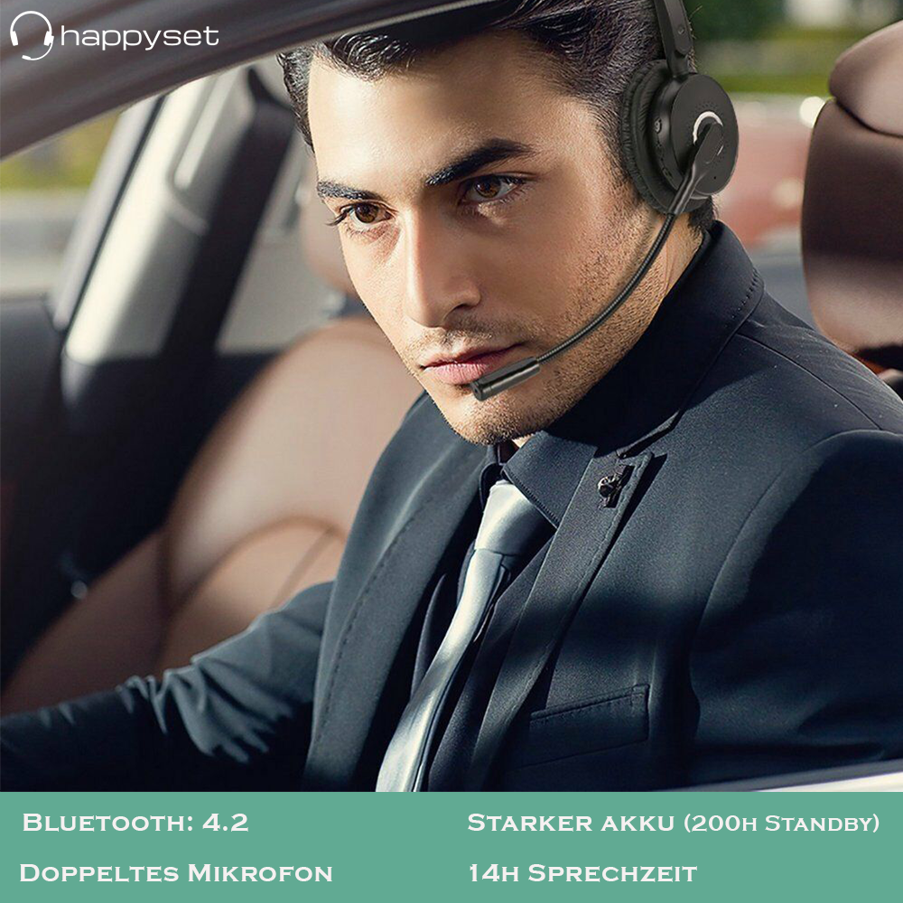 happyset Office - Bluetooth Headset mit Bügel für Videokonferenz Telefonieren Online-Seminare Handy